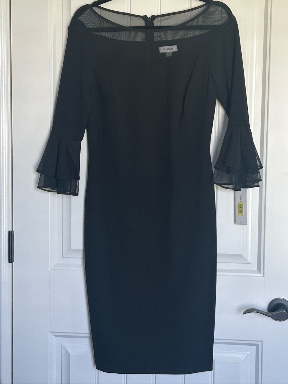 NWT Calvin Klein Black Sheer-Yoke Sheath Dress with Layered Bell Sleeves